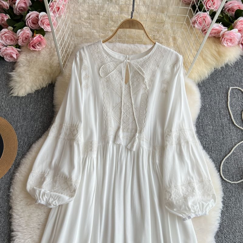 Long-Sleeve Round Neck Plain Maxi A-Line Dress
