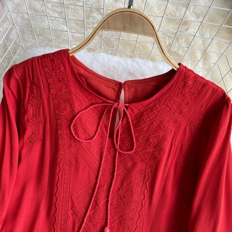 Long-Sleeve Round Neck Plain Maxi A-Line Dress