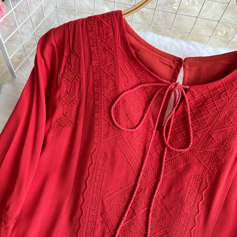 Long-Sleeve Round Neck Plain Maxi A-Line Dress
