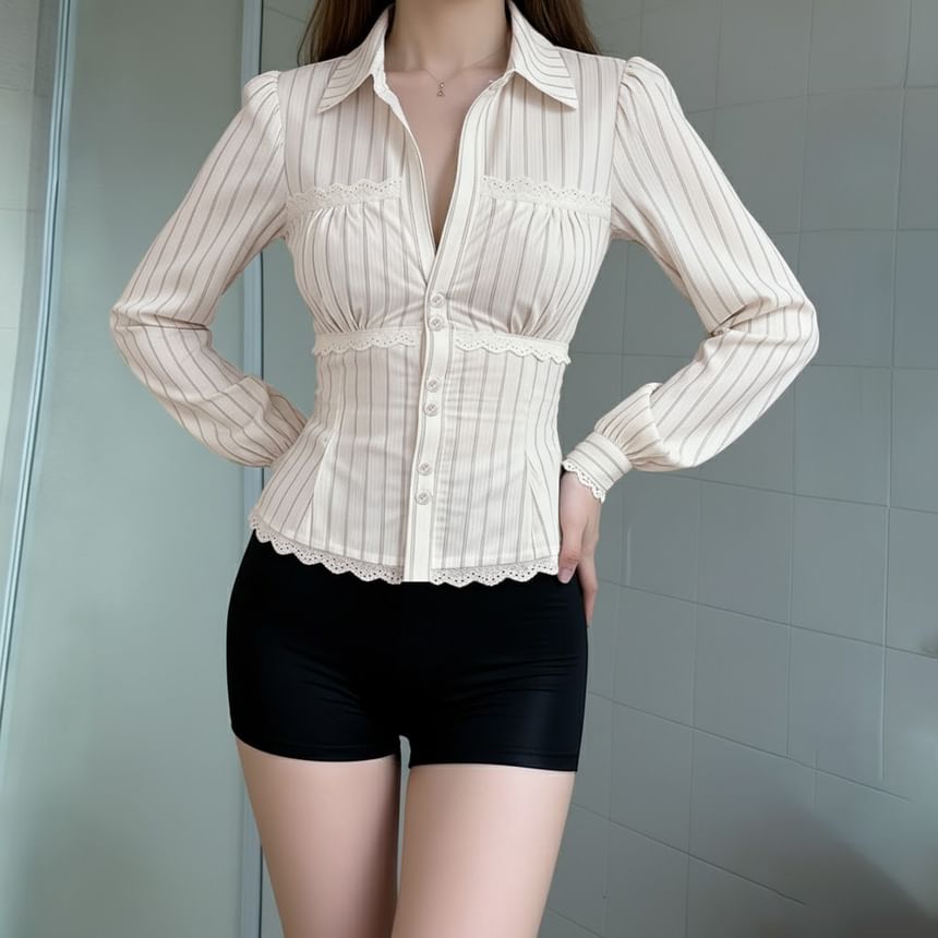 Striped Long-Sleeve Lace Trim Blouse