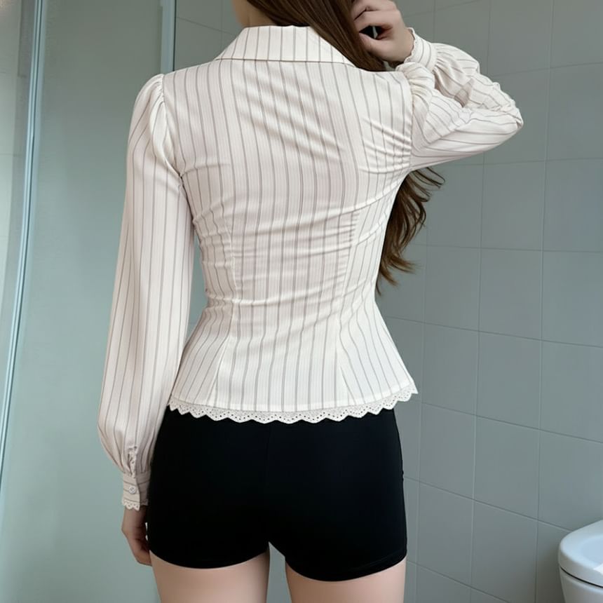 Striped Long-Sleeve Lace Trim Blouse