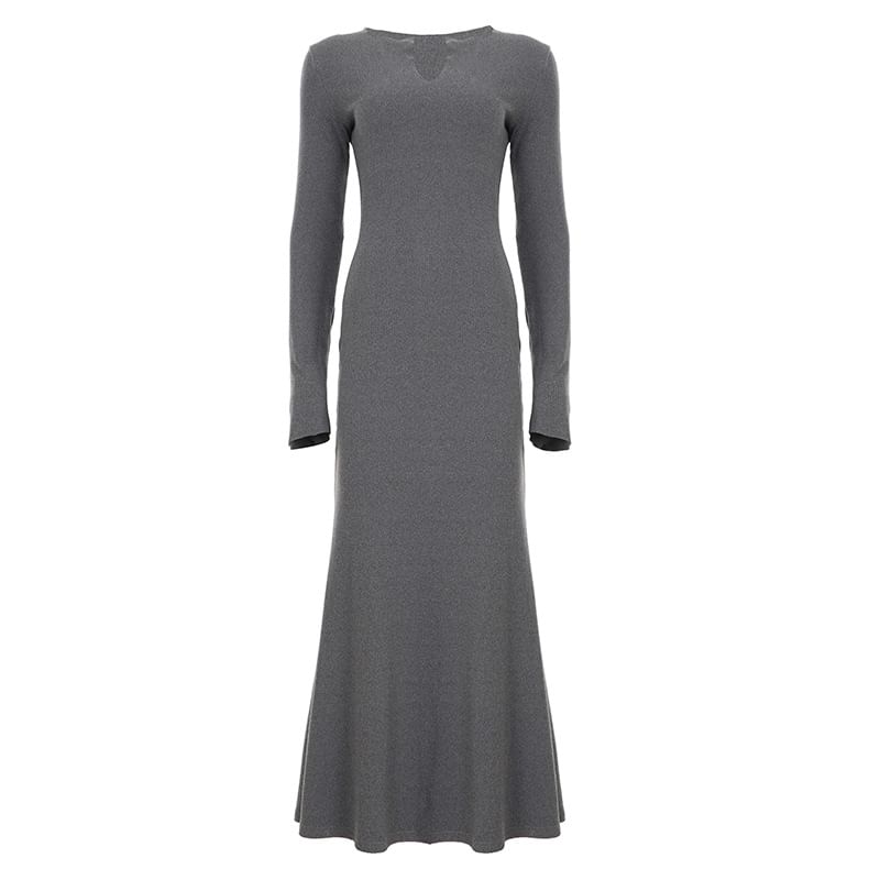 Long-Sleeve Notched Plain Maxi Mermaid Dress