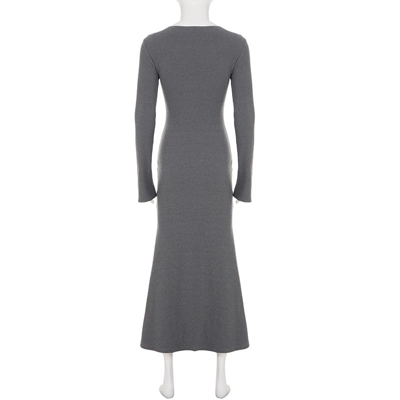 Long-Sleeve Notched Plain Maxi Mermaid Dress