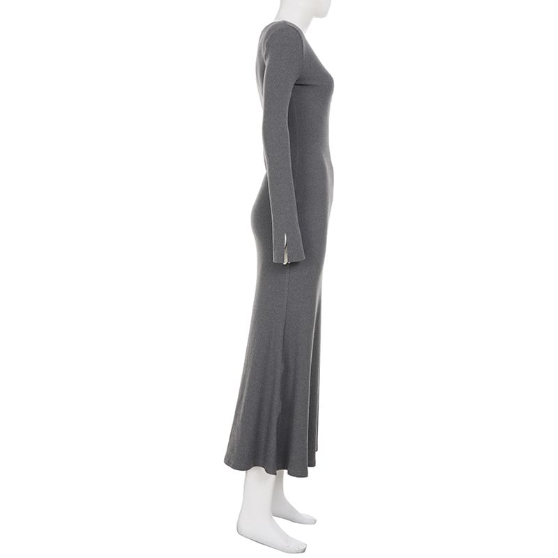 Long-Sleeve Notched Plain Maxi Mermaid Dress