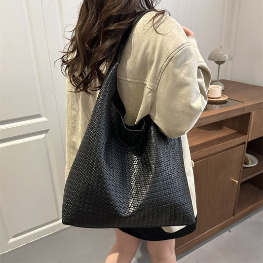 Set: Woven Faux Leather Tote Bag + Pouch