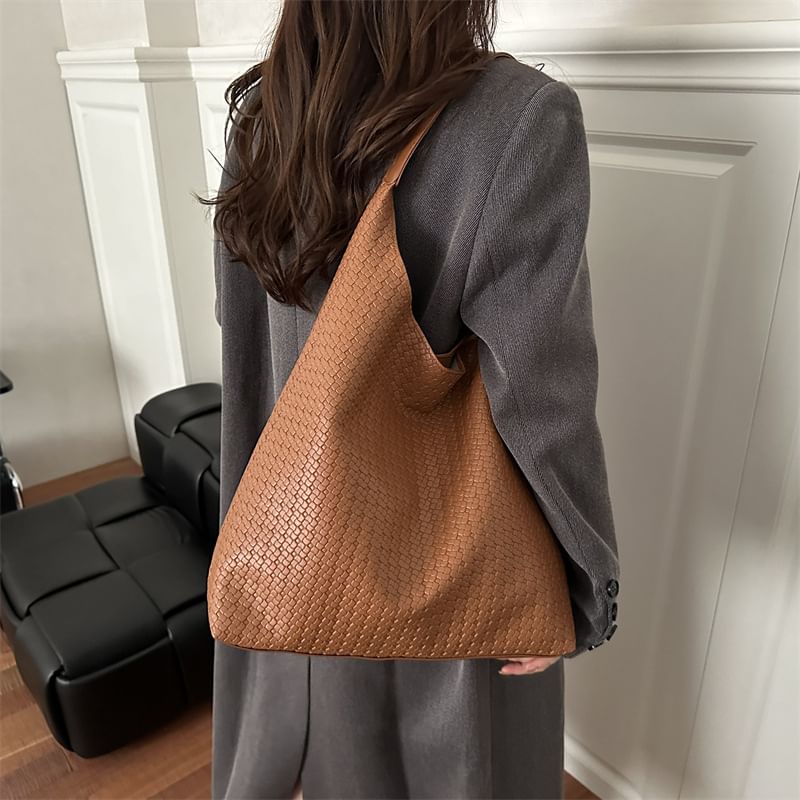 Set: Woven Faux Leather Tote Bag + Pouch