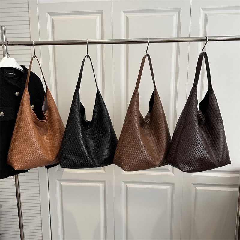 Set: Woven Faux Leather Tote Bag + Pouch