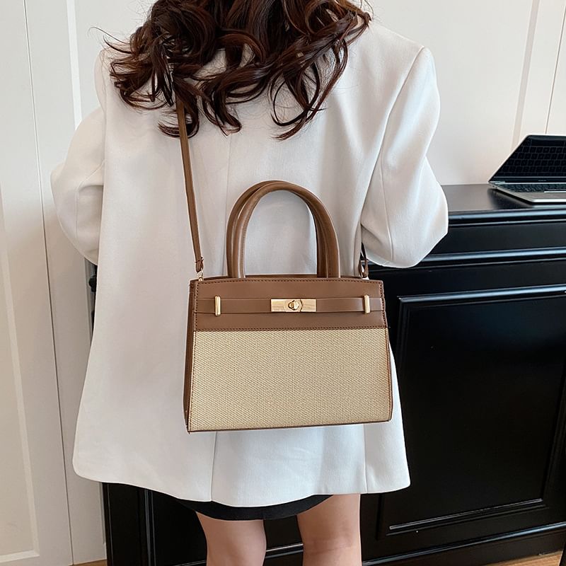 Buckle Panel Fabric Crossbody Tote Bag