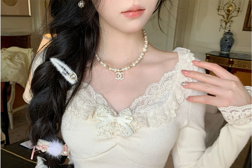 Plain Lace Trim T-Shirt Long Sleeve