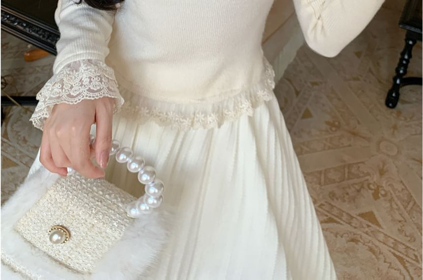Plain Lace Trim T-Shirt Long Sleeve