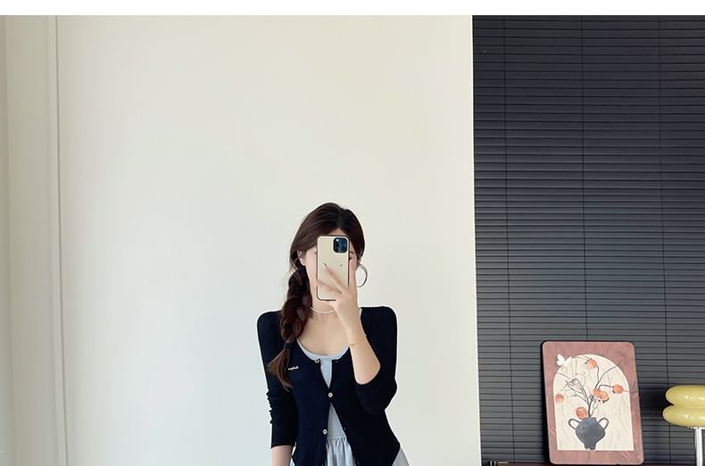 Sleeveless Square Neck Plain Maxi A-Line Dress / Round Neck Plain Cardigan
