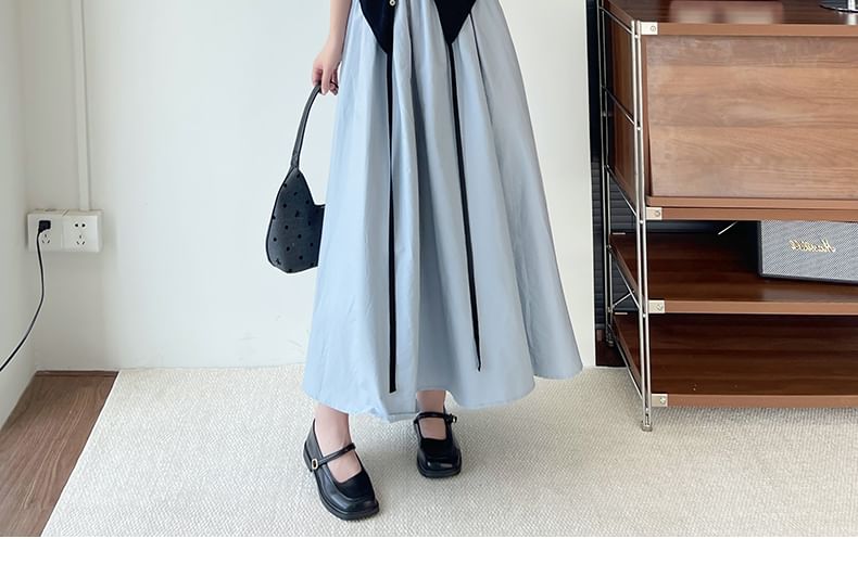 Sleeveless Square Neck Plain Maxi A-Line Dress / Round Neck Plain Cardigan