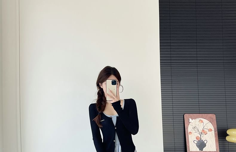 Sleeveless Square Neck Plain Maxi A-Line Dress / Round Neck Plain Cardigan