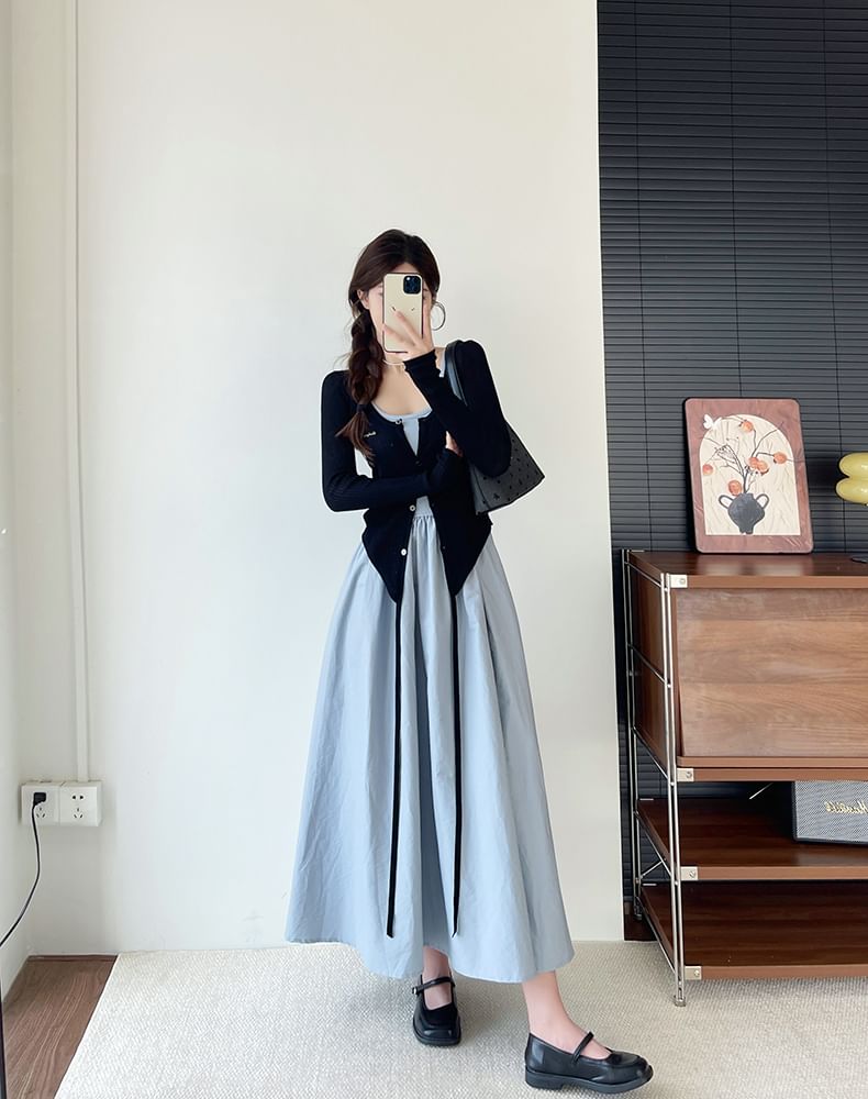 Sleeveless Square Neck Plain Maxi A-Line Dress / Round Neck Plain Cardigan