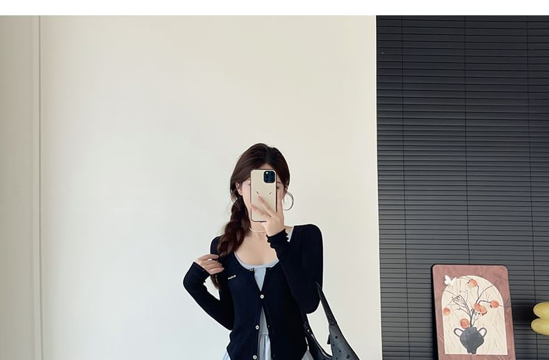 Sleeveless Square Neck Plain Maxi A-Line Dress / Round Neck Plain Cardigan