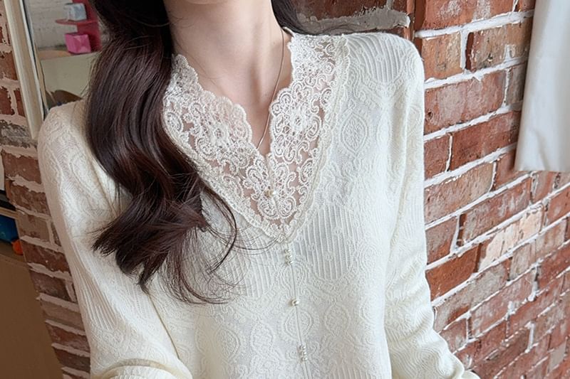Button Up Cardigan with Lace Panel Knit Top
