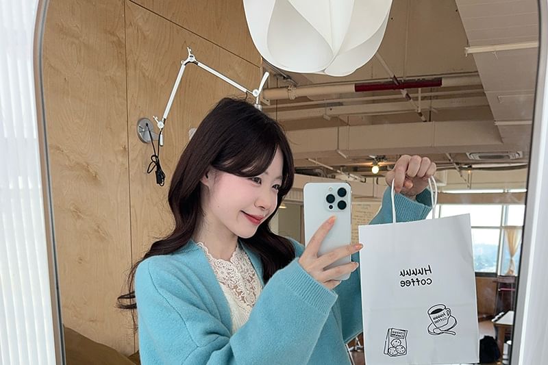 Button Up Cardigan with Lace Panel Knit Top