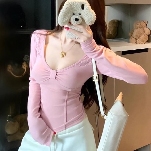Scoop Neck Lace Panel Knit Top Long Sleeve