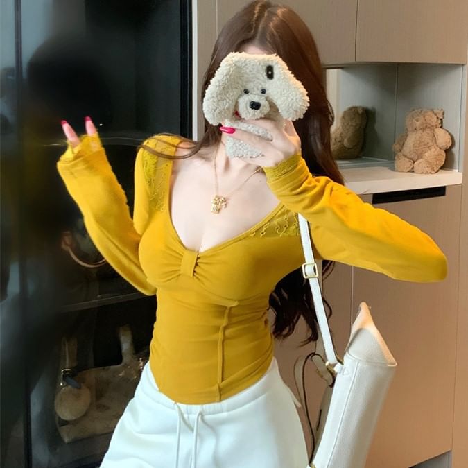 Scoop Neck Lace Panel Knit Top Long Sleeve