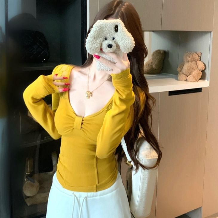 Scoop Neck Lace Panel Knit Top Long Sleeve