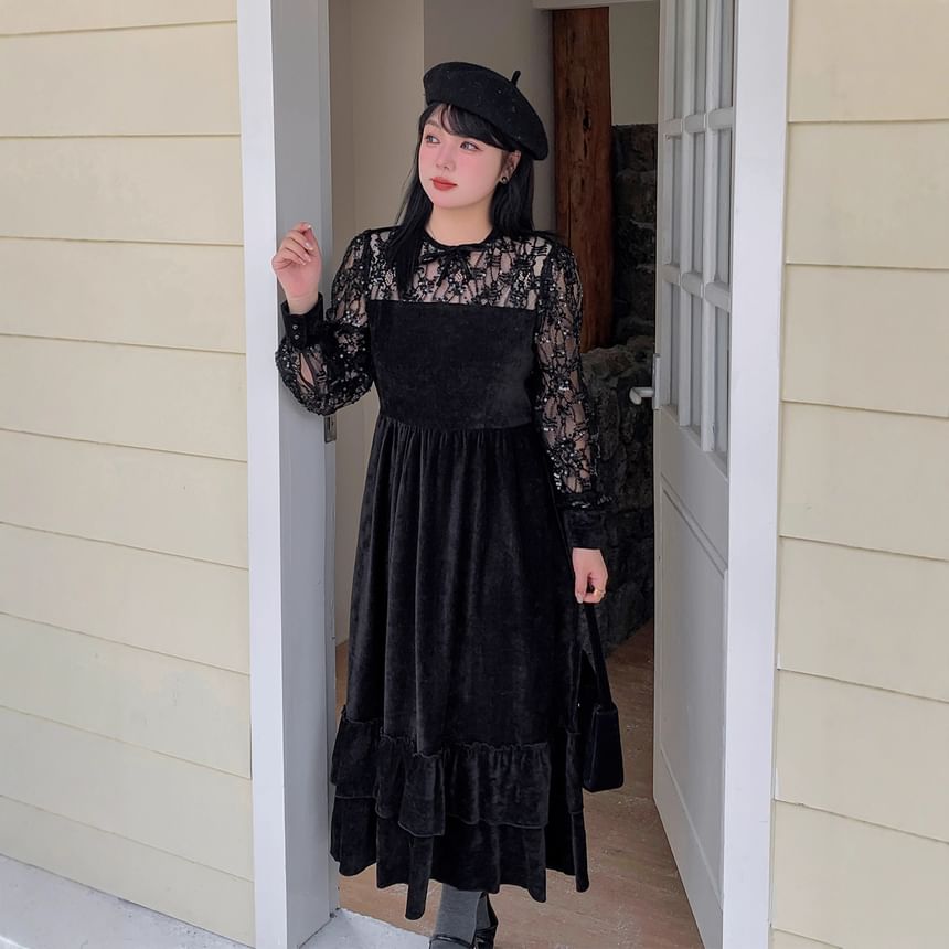 [XL-4XL] Long-Sleeve Lace Velvet Maxi A-Line Dress