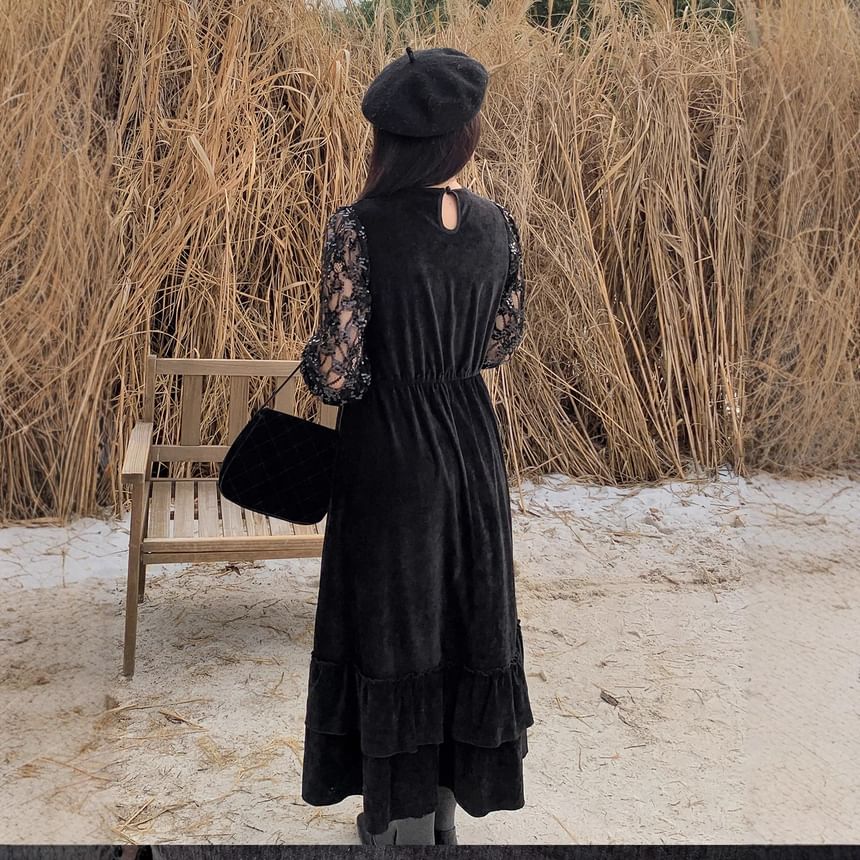 [XL-4XL] Long-Sleeve Lace Velvet Maxi A-Line Dress