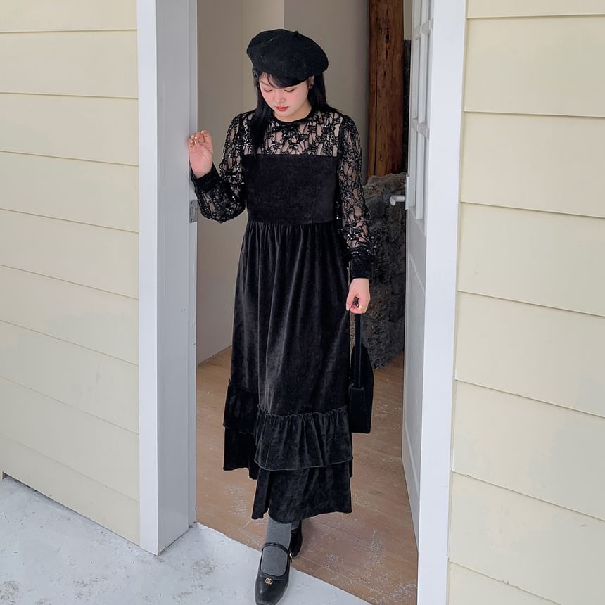 [XL-4XL] Long-Sleeve Lace Velvet Maxi A-Line Dress
