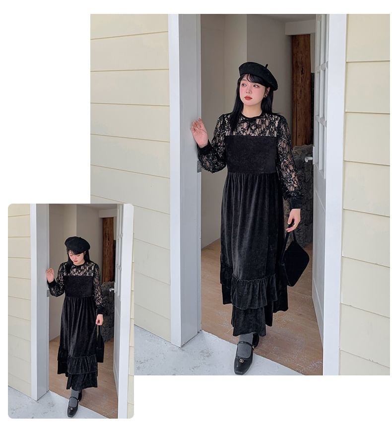 [XL-4XL] Long-Sleeve Lace Velvet Maxi A-Line Dress