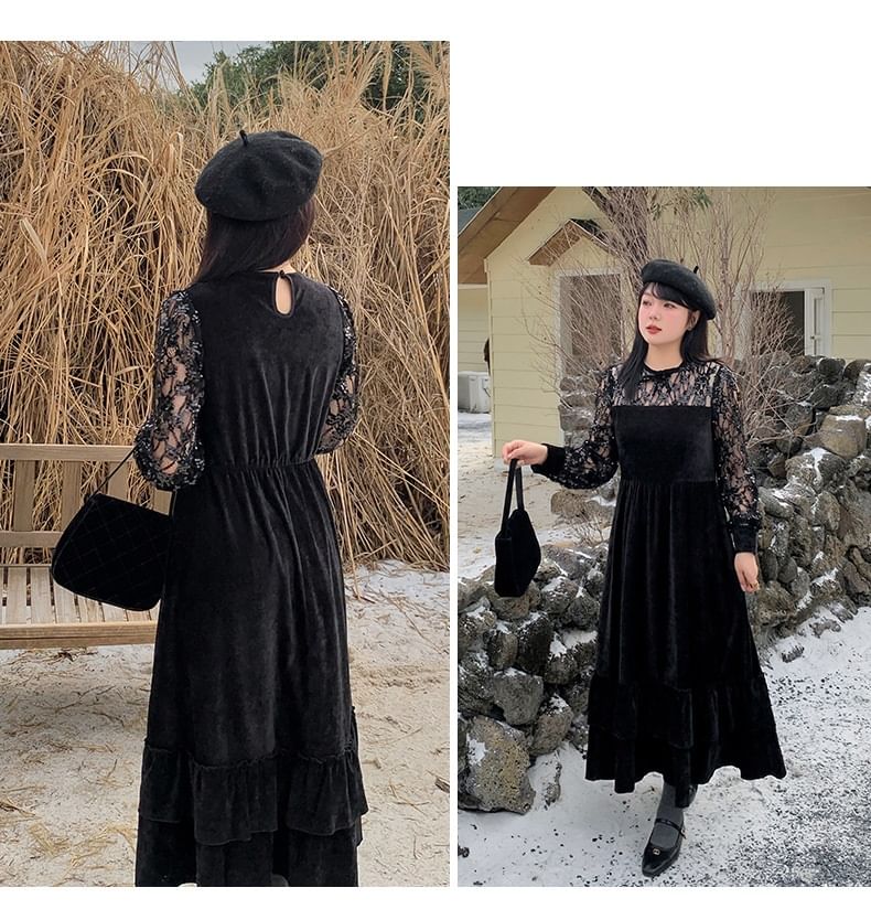 [XL-4XL] Long-Sleeve Lace Velvet Maxi A-Line Dress