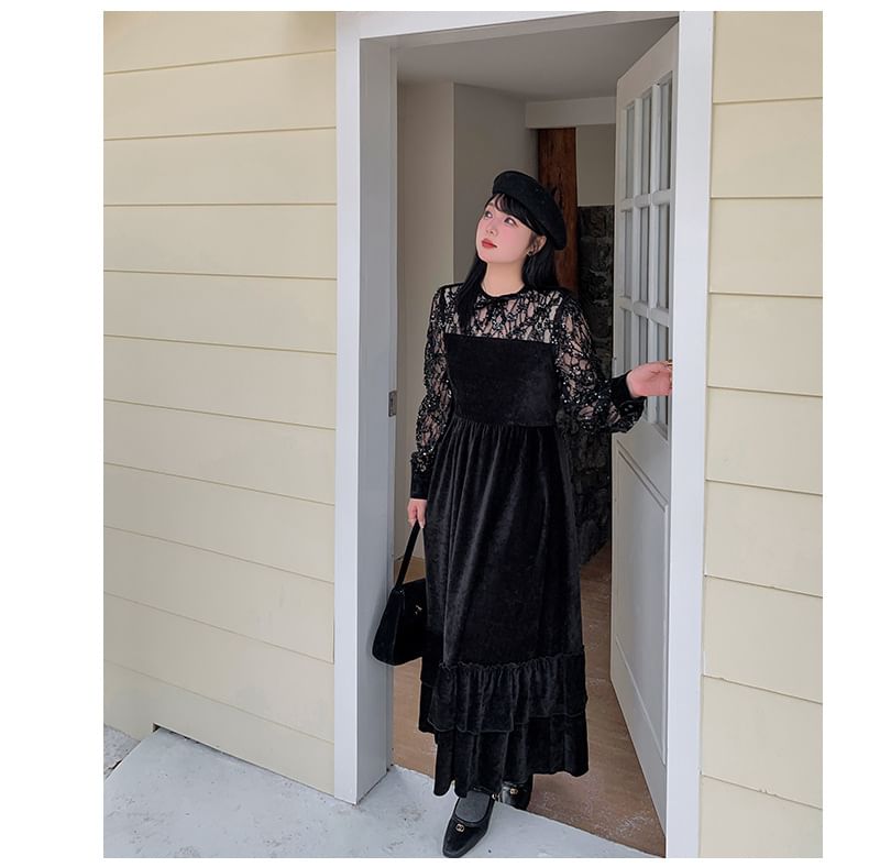 [XL-4XL] Long-Sleeve Lace Velvet Maxi A-Line Dress