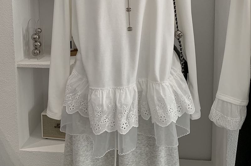 Crew Neck Lace Trim T-Shirt Long Sleeve