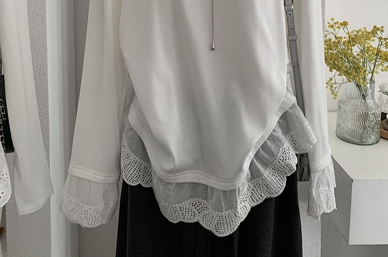 Crew Neck Lace Trim T-Shirt Long Sleeve