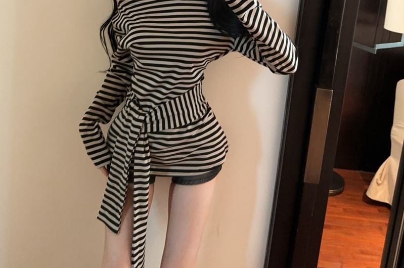 Off-Shoulder Striped Tie Waist Tee