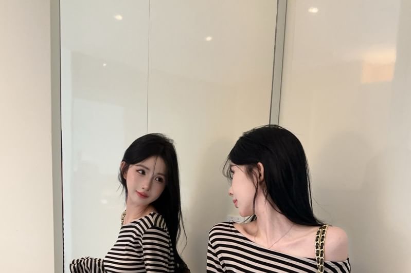 Off-Shoulder Striped Tie Waist Tee