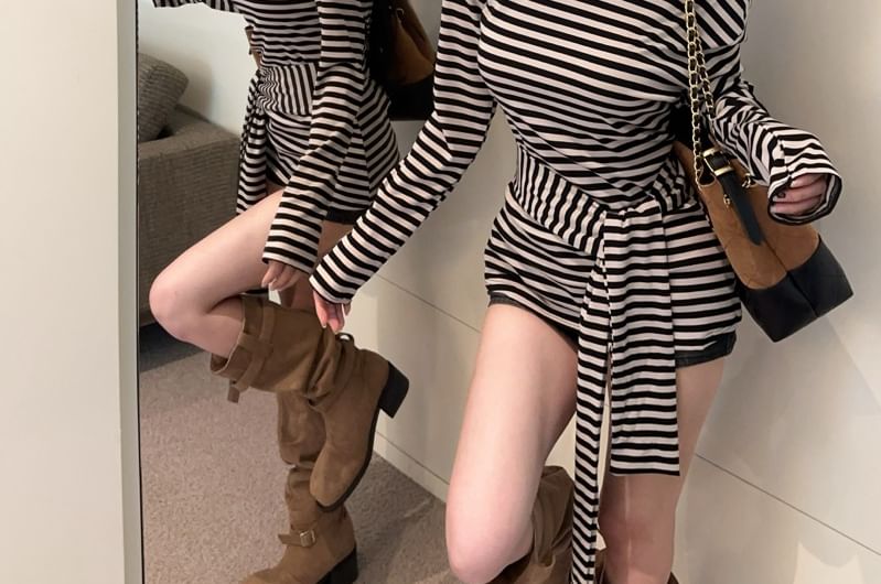 Off-Shoulder Striped Tie Waist Tee
