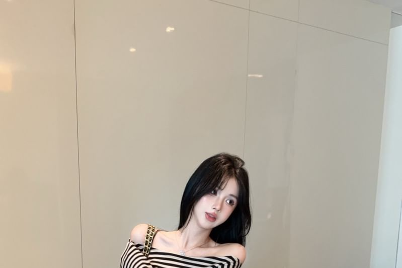 Off-Shoulder Striped Tie Waist Tee