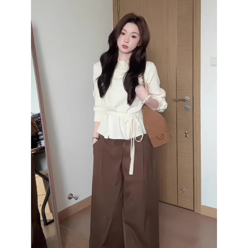 Mock Neck Tie Waist Blouse