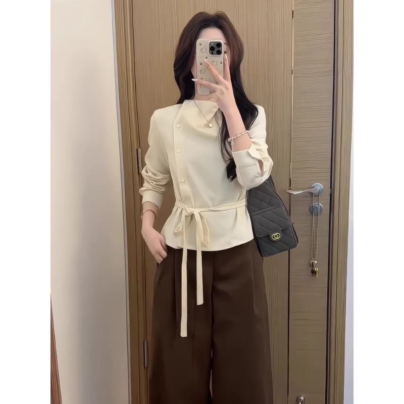 Mock Neck Tie Waist Blouse