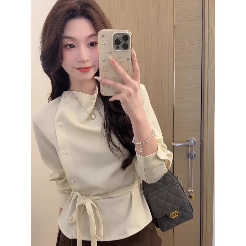 Mock Neck Tie Waist Blouse