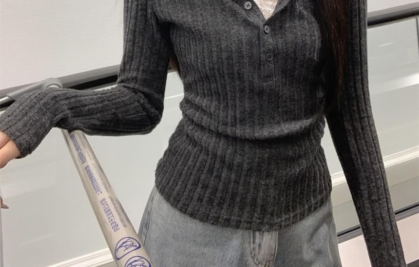 Henley Lace Trim Ribbed Two-Piece Tee