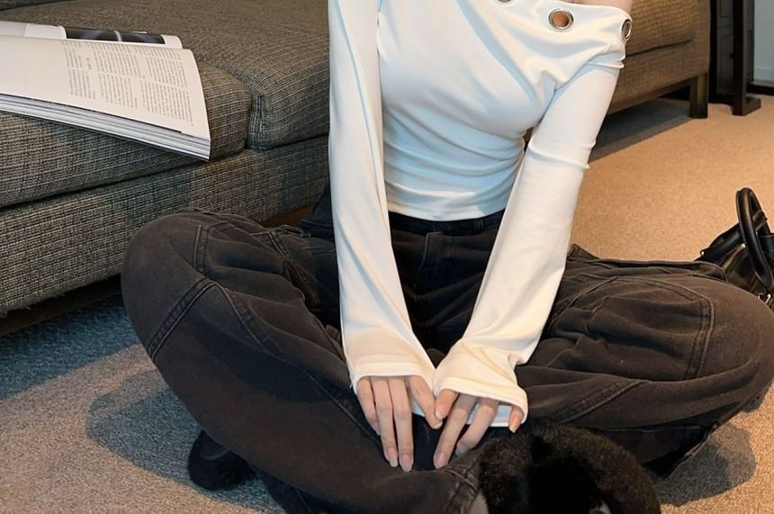 Grommet One-Shoulder Long Sleeve Tee