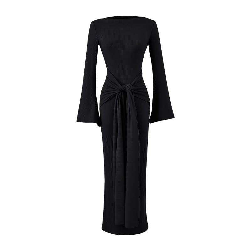 Long-Sleeve Off Shoulder Plain Maxi Sheath Dress