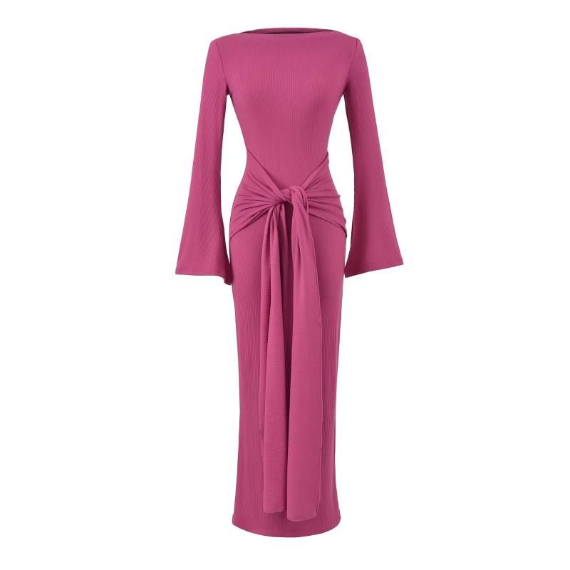 Long-Sleeve Off Shoulder Plain Maxi Sheath Dress