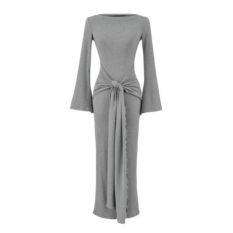 Long-Sleeve Off Shoulder Plain Maxi Sheath Dress