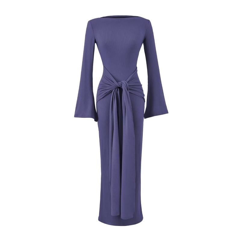 Long-Sleeve Off Shoulder Plain Maxi Sheath Dress