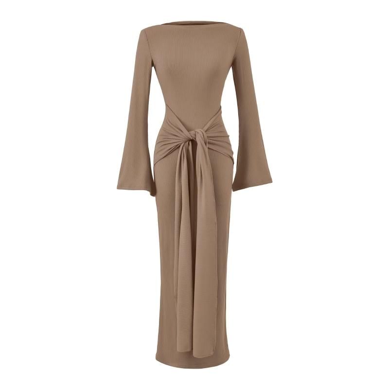 Long-Sleeve Off Shoulder Plain Maxi Sheath Dress
