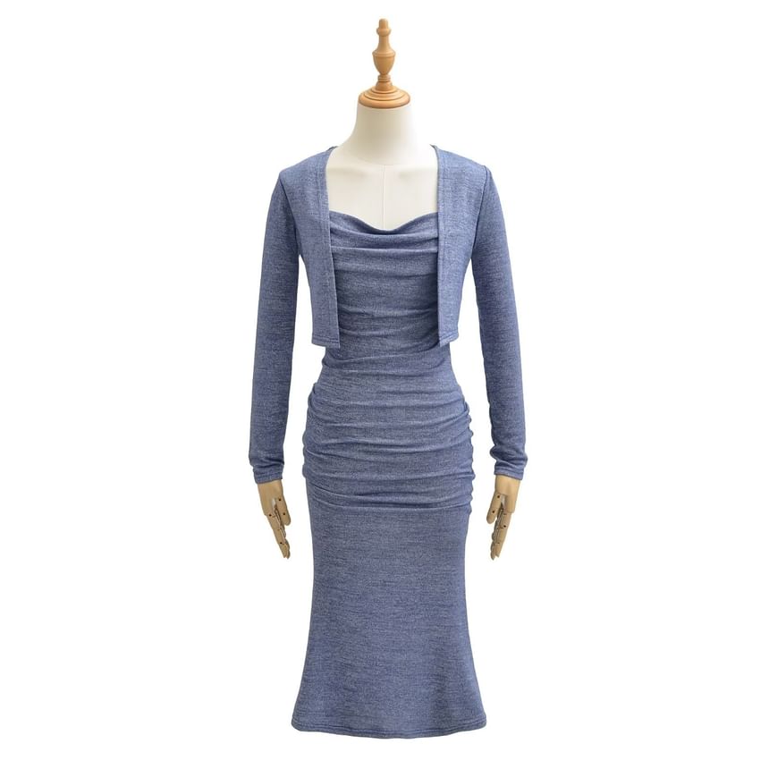 Set: Plain Crop Cardigan + Long-Sleeve Maxi Mermaid Dress
