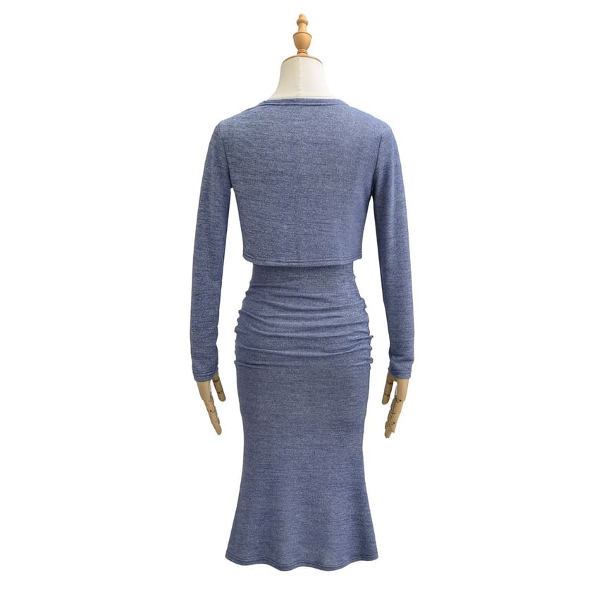 Set: Plain Crop Cardigan + Long-Sleeve Maxi Mermaid Dress