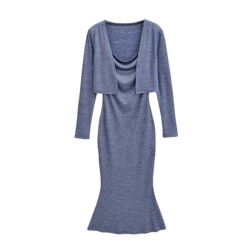 Set: Plain Crop Cardigan + Long-Sleeve Maxi Mermaid Dress