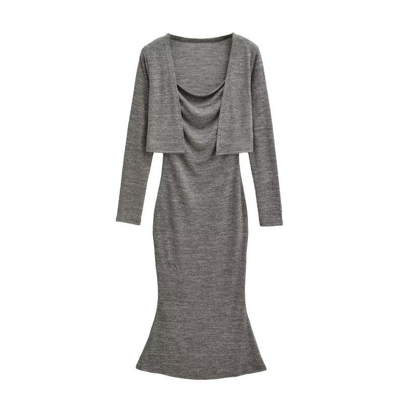 Set: Plain Crop Cardigan + Long-Sleeve Maxi Mermaid Dress
